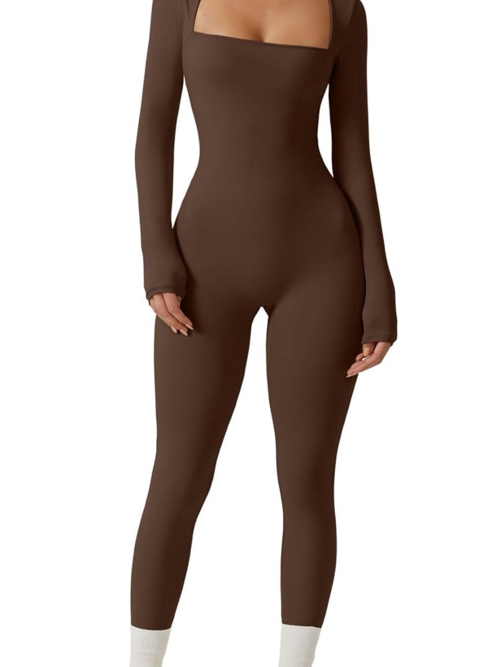 Brown Long Sleeve Square Neck Jumpsuit